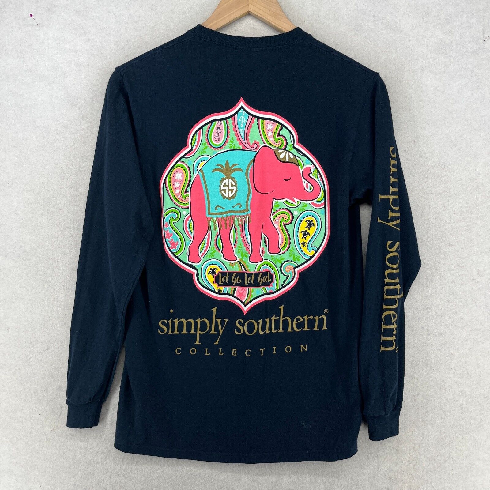 Simply Southern Shirt Womens S Elephant Long Sleeve Cotton Jersey Pullover Blue